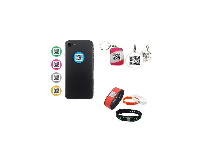 Bracelets, stickers et porte-clés Koripass avec QR code